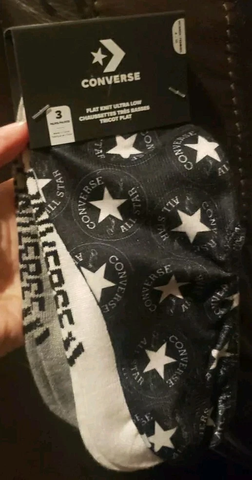 Converse Calze Donna 3 Paia Maglia Piatta Ultra Basse Bianco Grigio Nero Stelle Nuove con etichette