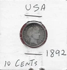 USA BARBER DIME 1892 LIBERTY HEAD RIGHT,DATE BELOW,VALUE WITHIN WREATH,SCRIPT:LA
