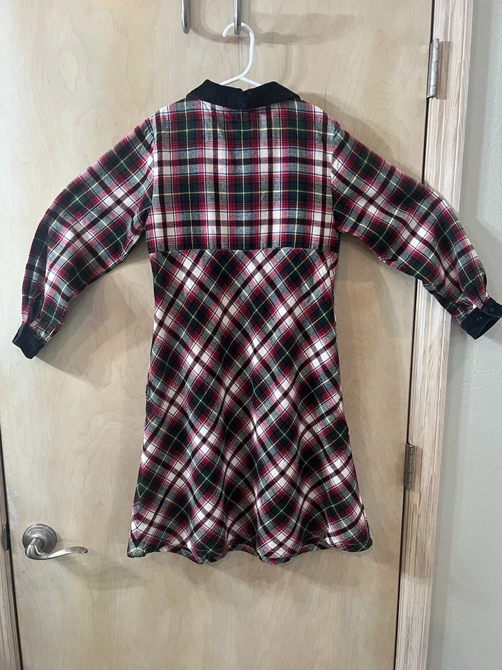 Land End Girls Dress Size 10 Plaid Red & Black Velvet Collar & Cuffs EUC - Image 2 of 4
