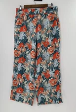 C&C California 100% Linen Floral Wide Leg High Waist Pull On Pants Sz L Boho