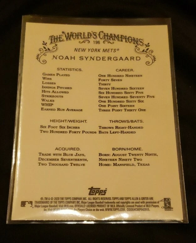 2020 Topps Chrome Allen Ginter #196 Noah Syndergaard Base Card New York Mets  - Image 2 of 2