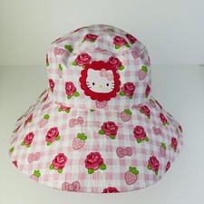 Hello Kitty Pink White Gingham Large Bucket Hat Strawberries Roses Girl s OSFM