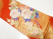 7683750: JAPANESE KIMONO JAPANESE FUKURO OBI / WOVEN PEONY FENCE PATTERN