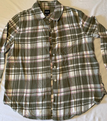GAP Women s M Plaid Flannel Button-Up Shirt Green/White/Pink Long Sleeve by Gap
