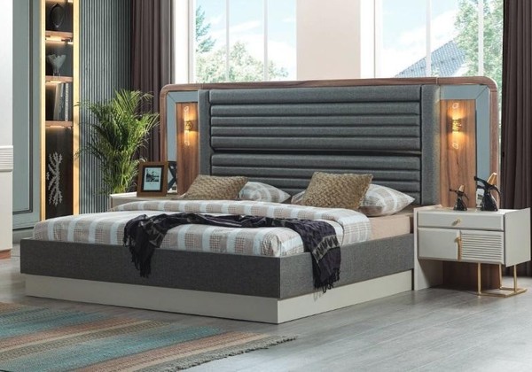 Graue Betten Designer Schlafzimmer Doppelbett 2X Holz Nachttische 3Tlg-image