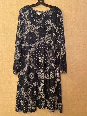 Terra & Sky long sleeve A-lien shift dress Size 1X/18 blue w/white paisley print