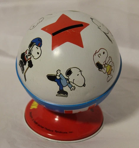 Vintage Tin Litho Ohio Art Snoopy Bank/Olympic Events w Flags