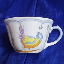 2 Vtg Longchamp Perouges Teacups Hand Painted Made in France Pastel Bird, Floral