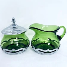 Krome kraft Farber Bros Green Glass Creamer Sugar Stainless Steel 30s 40s VTG