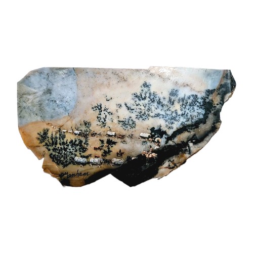 Vtg Painting Wagon Train on Dendritic Agate Frontier Western Pioneer D Lanham A+
