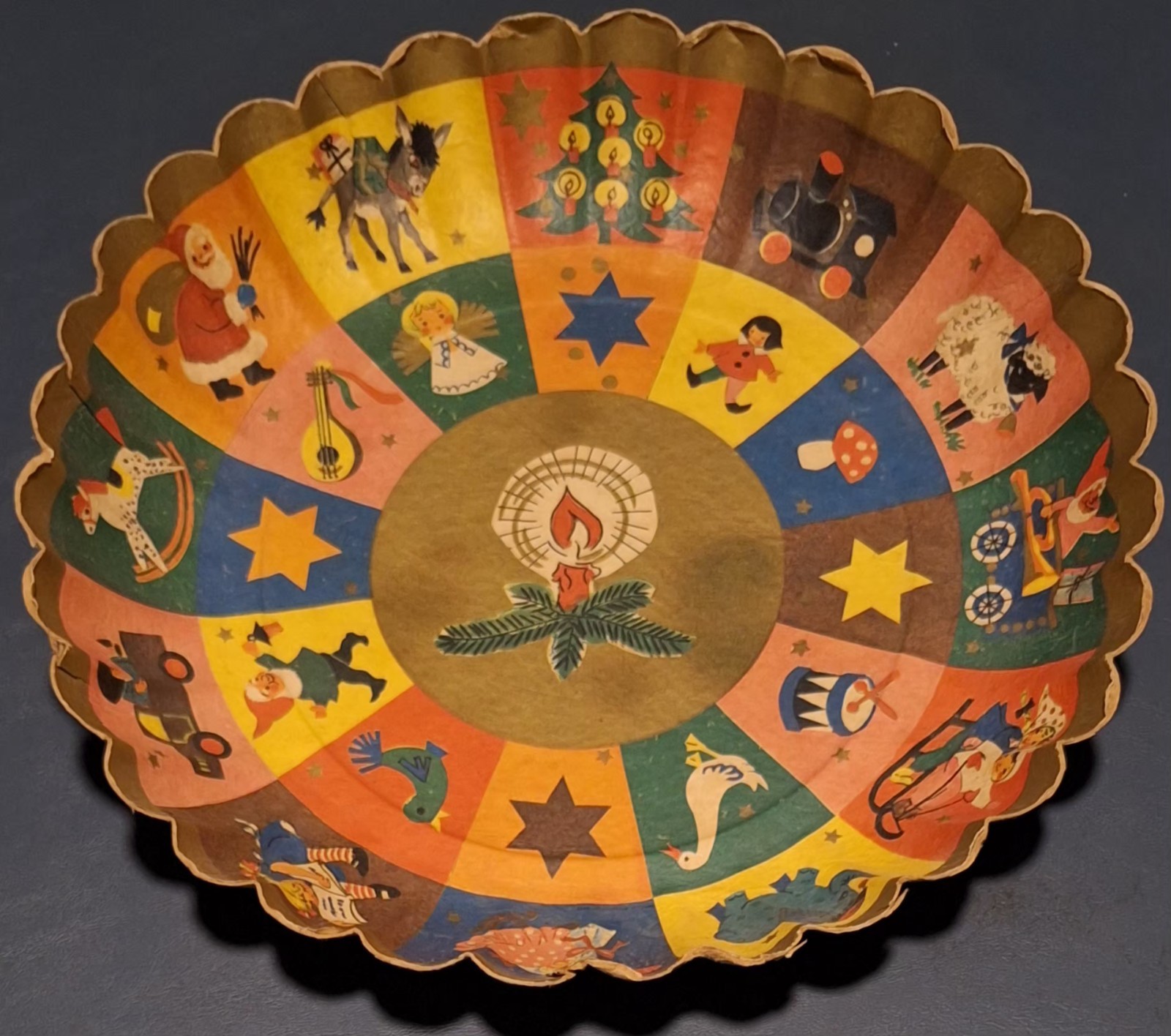 Vintage Illustrated German Christmas Fluted Paper Serving Plate, Santa, Goose
