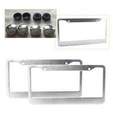 2pc Aluminum Alloy Silver License Plate Frame Tag Cover with Screw Caps