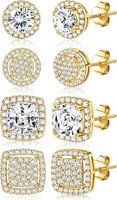 Ohrstecker Silber 925 Hypoallergen Cubic Zirkonia Rund Quadrat Set 4 Paar Damen