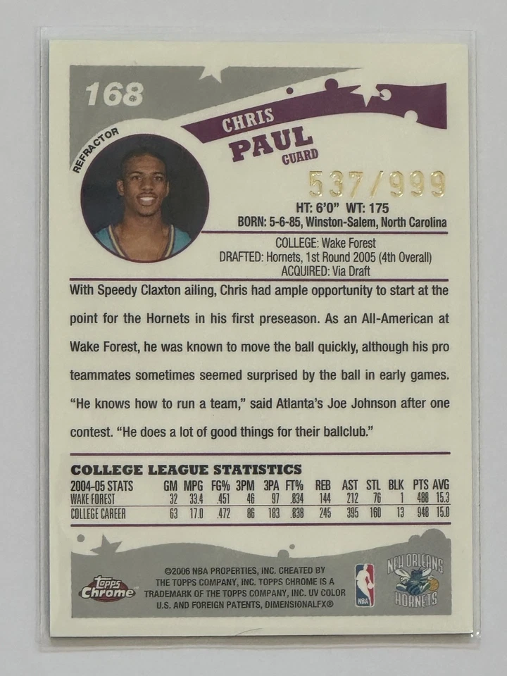 CHRIS PAUL 05-06 TOPPS CROMO REFRACTOR NOVATO RC #/999 Foto 2 de 2