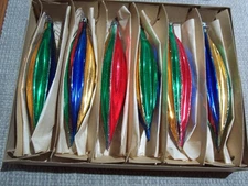 6 Vintage Poland Glass Teardrop Icicle Christmas Ornaments Striped with Box
