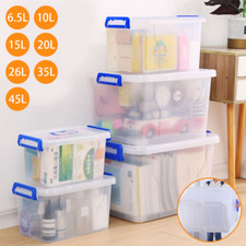 1X 10/20/35/45L Clear Plastic Storage Box Boxes With Lids Home Office Stackable