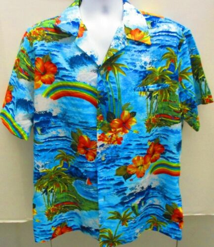 Men's Vintage Hutspah Polyester Button Up Shirt Blue Ocean Clouds Sz Small