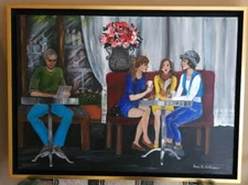 Oil painting AT THE CAFE   hand painted on canvas 12X9" mixed media unframed