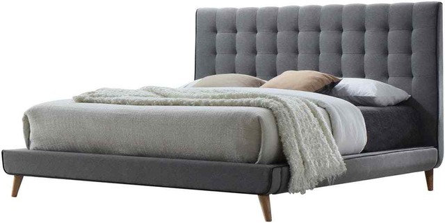 Black Welt Trim Tufted Fabric Headboard Light Gray Finish Queen Size 1pc Bed