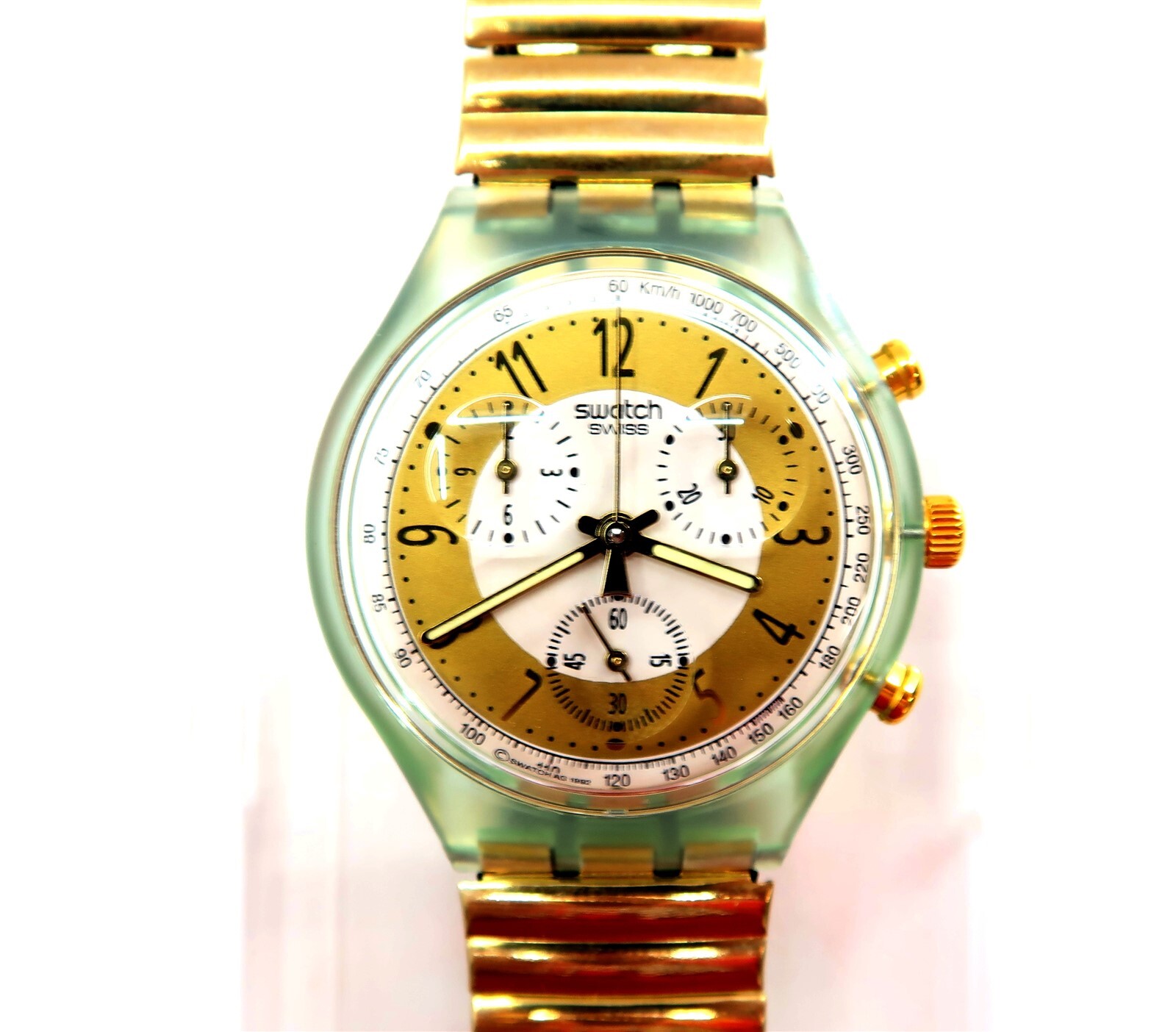 Swatch Chrono SCG100 Golden Globe 1992 NOS Gents Watch with Case & Papers