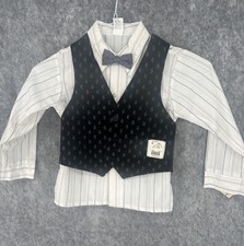 Baby Boys Long Sleeve White Stripes Shirt And Black Printed Vest Set 2 Pc 4Y