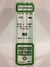 Evergreen # 108 Styrene Strip .010" Thick - 14" Long; pkg(10) x .188"A Scale MIB