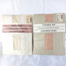 2 Pkg Control Top PantyHose Med/Tall UltraSheer Lace Tall Sandalfoot Linen NOS