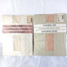 2 Pkg Control Top PantyHose Med/Tall UltraSheer Lace +Tall Sandalfoot Linen NOS