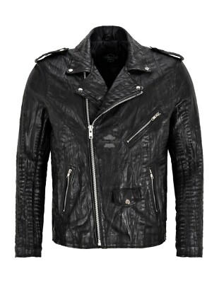 Herren Brando Jacke schwarz Kroko Print Lammleder klassisch Biker SR-MBF