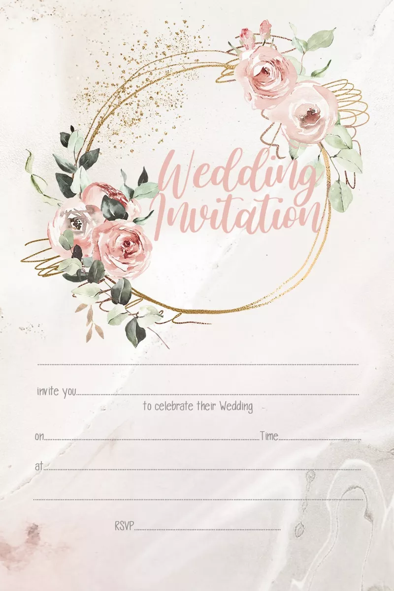 WEDDING INVITATIONS BLANK GOLD & BLUSH ROSE, MARBLE PRINT, PACKS OF 10