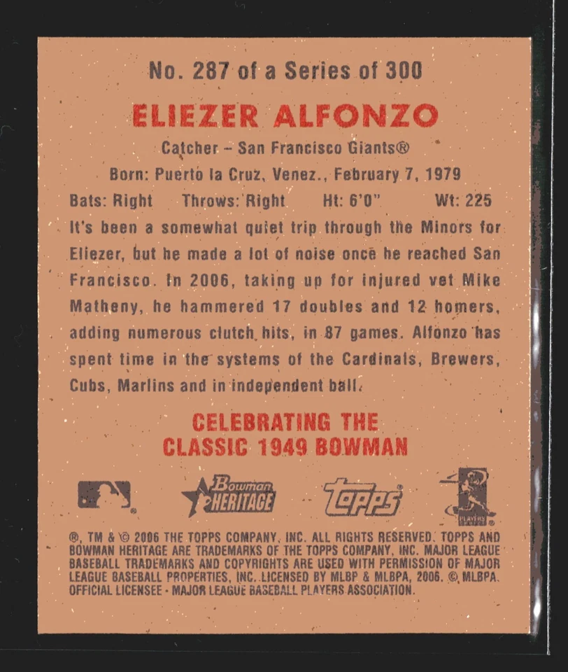 2006 Bowman Heritage Mini #287 Eliezer Alfonzo Rookie RC San Francisco Giants - Image 2 of 2