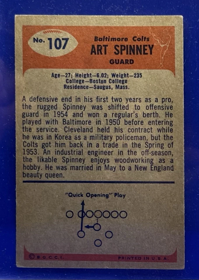 Vintage FOOTBALL Card 1955 BOWMAN #107 ART SPINNEY Baltimore Colts Guard - Image 2 of 2