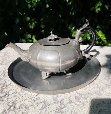 Théière Ancienne James Dixon & Sons Britannia Metal + Plateau Étain Pur - Photo 1/4