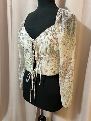 Francescas Mi Ami Size S Blouse Puff Sleeve Babydoll Tie Waist Top Milkmaid Boho