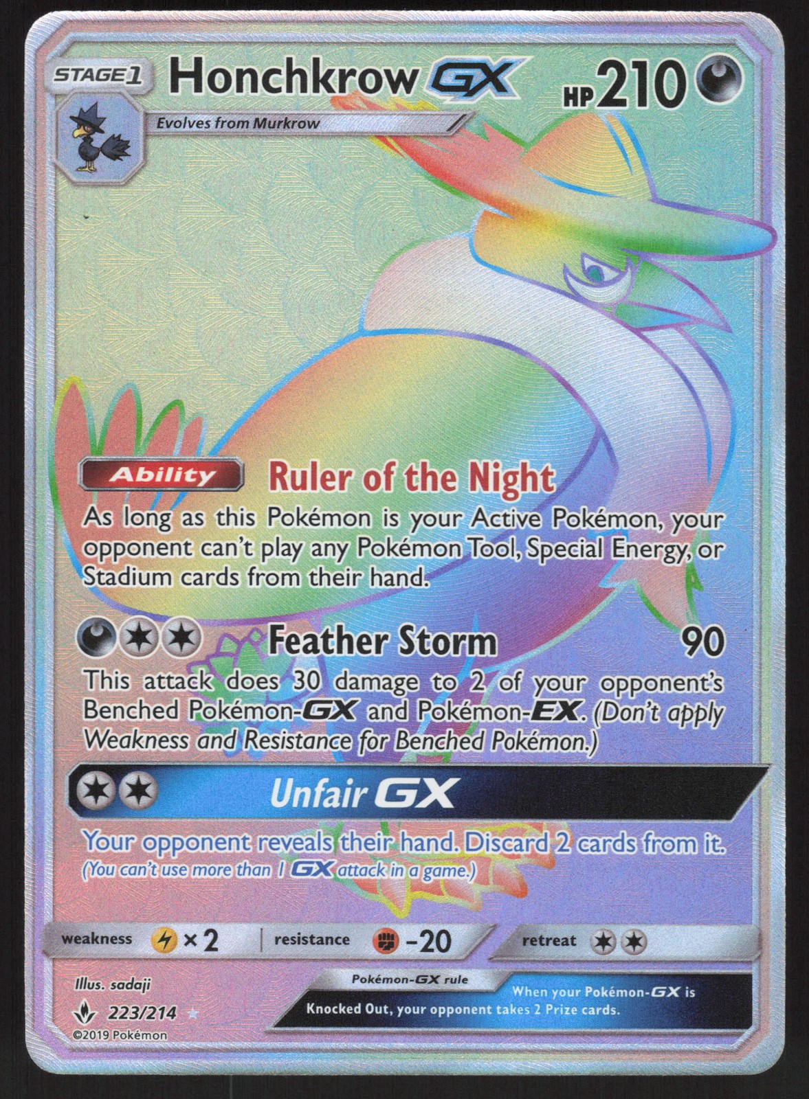 Honchkrow GX 223/214 Secret Rare Pokemon TCG Unbroken Bonds NM