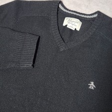 Penguin Munsingwear V-Neck Sweater Black l/s Knit Pullover Mens Large Lambswool
