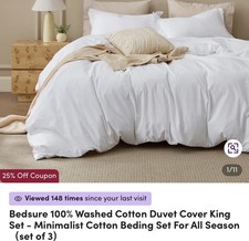 Bedsure 100 Washed Cotton King Duvet Cover Set 3pc White Zip Solid BRAND NEW.