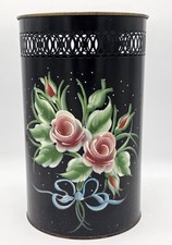 Vintage Toleware Hand-Painted Floral Metal Wastebasket with Reticulated Rim — listing 5
