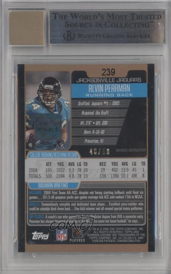 2005 Bowman Chrome Bronze Refractor /50 Alvin Pearman #239 BGS 9 MINT Rookie RC - Image 2 of 2