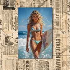 Art Style Tin Metal Signs Home D cor 8x12 Surfer Girl with Bikini and Surfboard