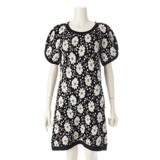 CHANEL Cotton x rayon Flower embroidered knit one piece P47676 Black White 34