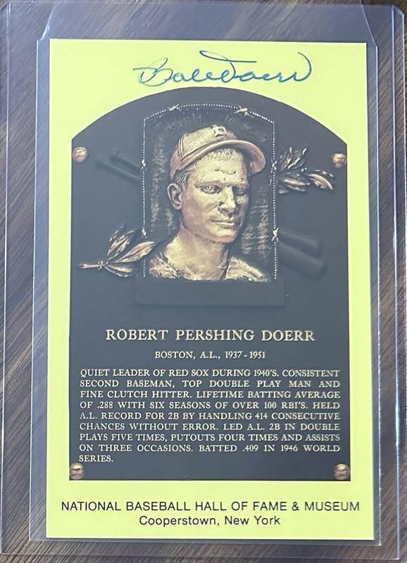 💎Bobby Doerr💎Signed Gold Hall of Fame Plaque Postcard Red Sox (d.2017)