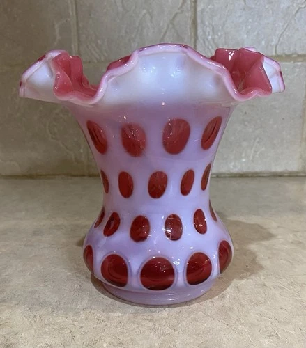 Vintage Fenton Cranberry Opalescent Coin Dot Ruffled Vase Pink 6.25"