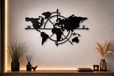 Weltkarte Wandbild Holz mit Kompass | Moderne Wanddeko | Laser Cut HDF