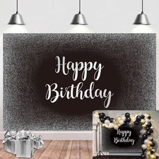 Black Silver Happy Birthday Backdrop Grey Glitter Photography Background 7x5FT