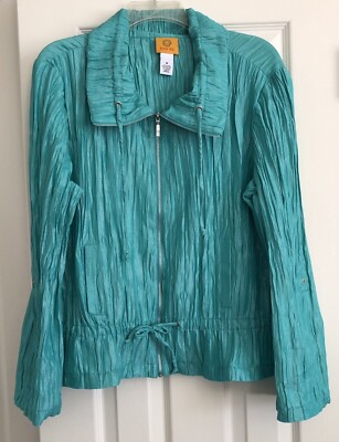 Ruby Rd. Woman s Crop Jacket Roll Tab Sleeves Crinkle Look Shiny Teal SZ 14