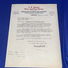 1933 Letterhead FP Smith Wire Iron Works Rare Vintage Old Letter Signed Chicago