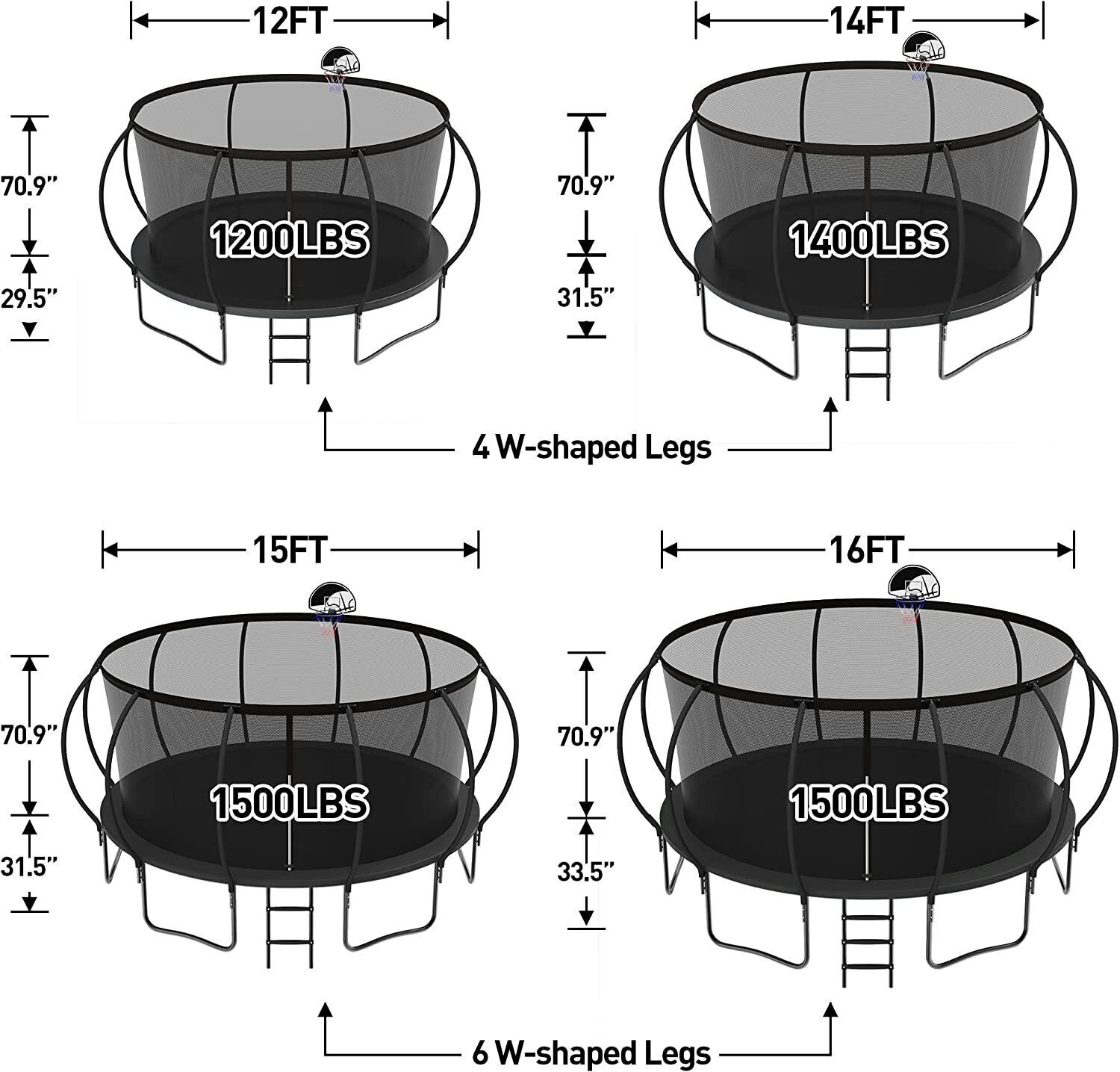 DROGO 1500LBS Trampoline for Kids and Adults 12/14/15/16FT with