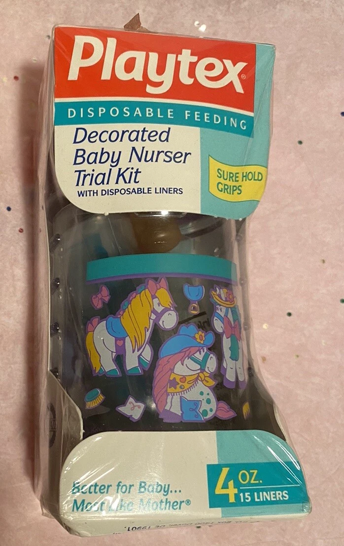 Vtg Playtex DECORATED Nurser FLAT Top Nipple Drop In 4oz Baby Bottle FREESHIP🍼