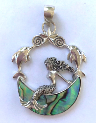 Mermaid Pendant 925 Abalone Shell Sitting on a Crescent Moon Dolphins